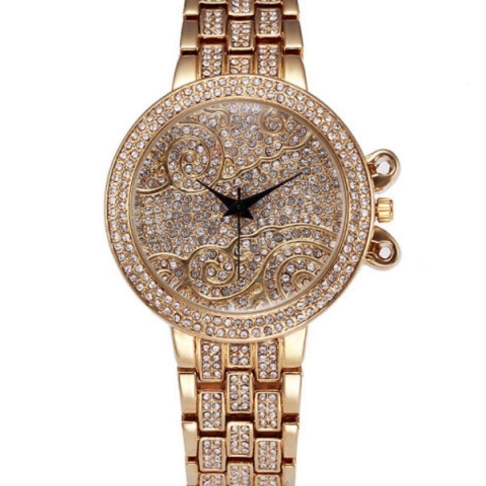 Hip Hop CZ Stone Paved Gold Stainless Steel Sparkling with Rhinestones Unisex